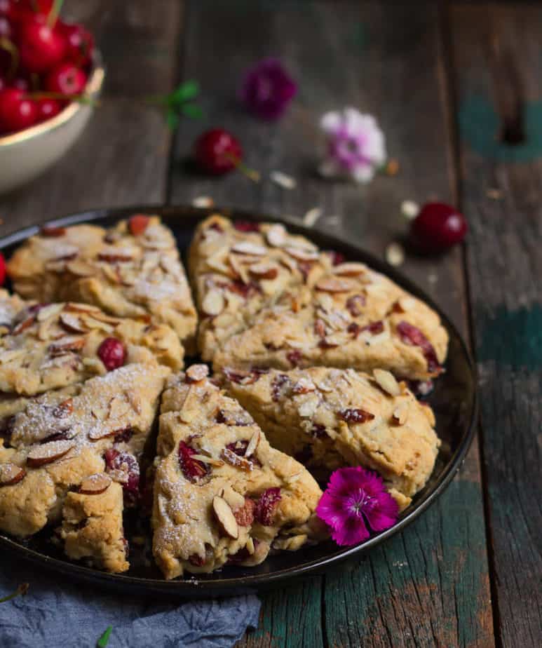 Cherry Almond Scones | Easy eggless cherry almond scones recipe