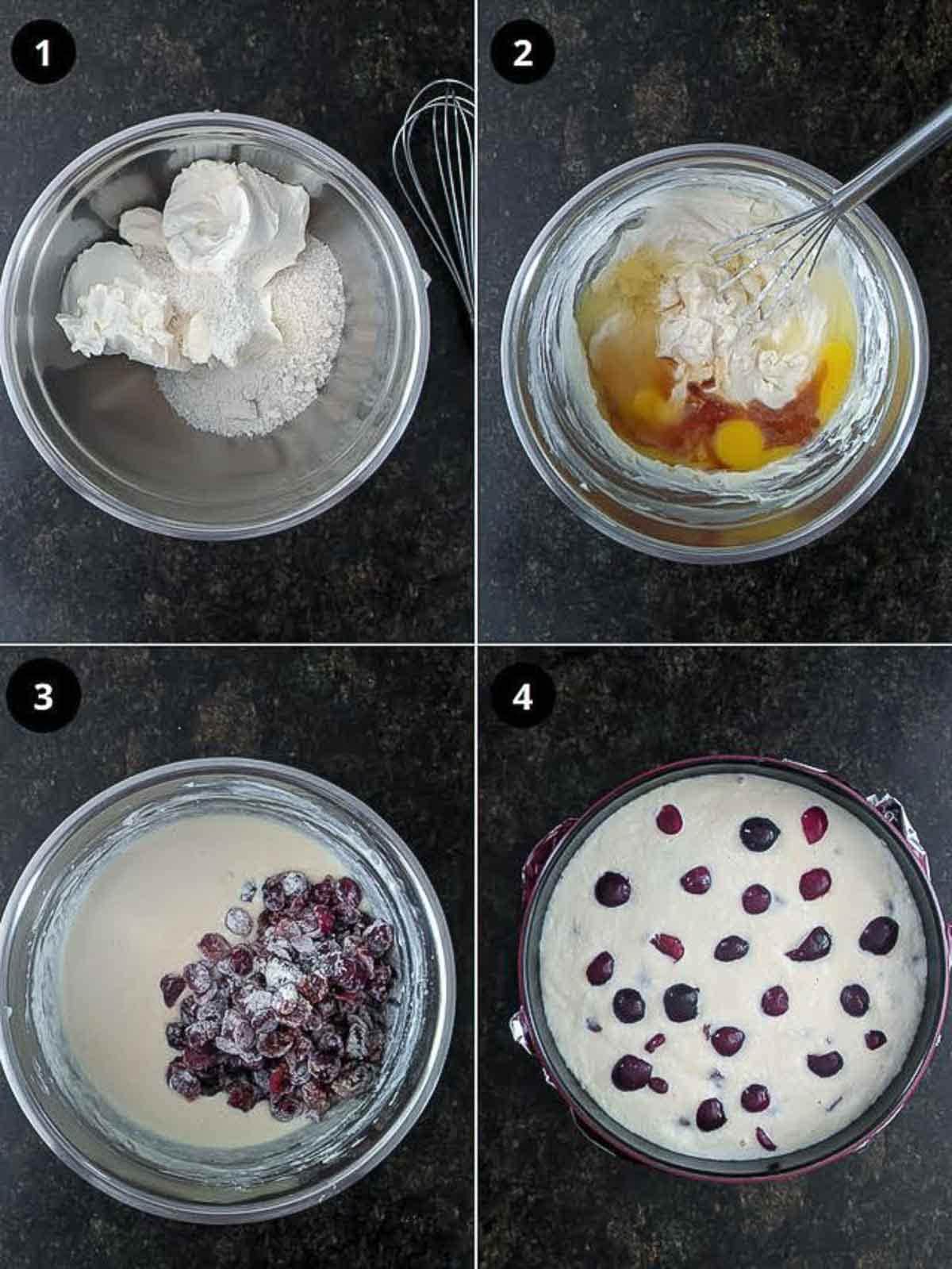 Steps for making cherry cheesecake.