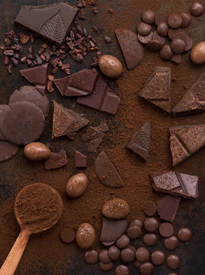 Different types of Chocolate, cocoa powder and cocoa nibs