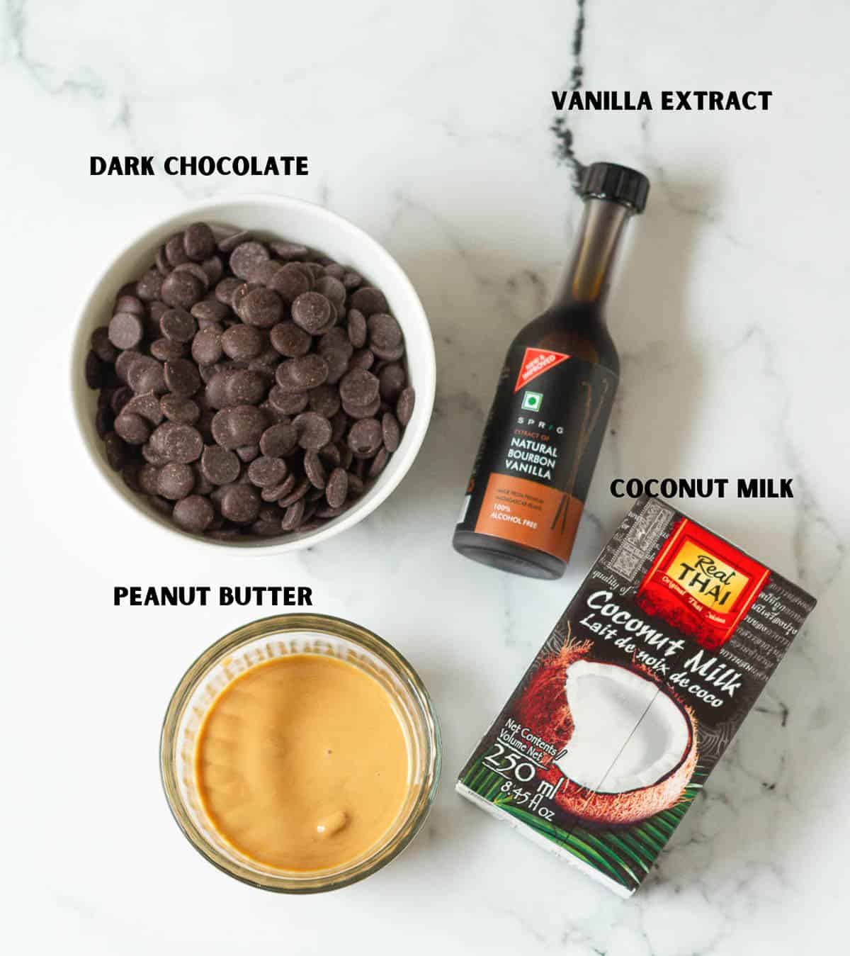 Labelled ingredients for making chocolate peanut butter pudding.