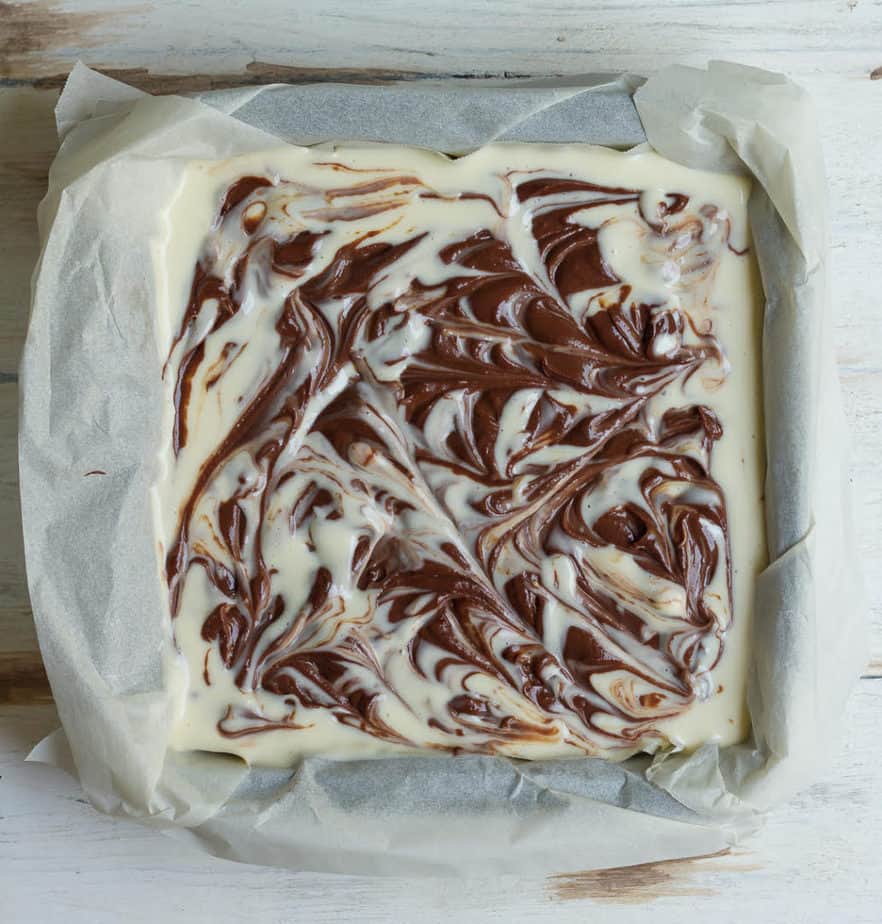 Ready to bake batter for Chocolate Swirl Cheesecake Bars | Easy Chocolate Swirl Baked Cheesecake Bars