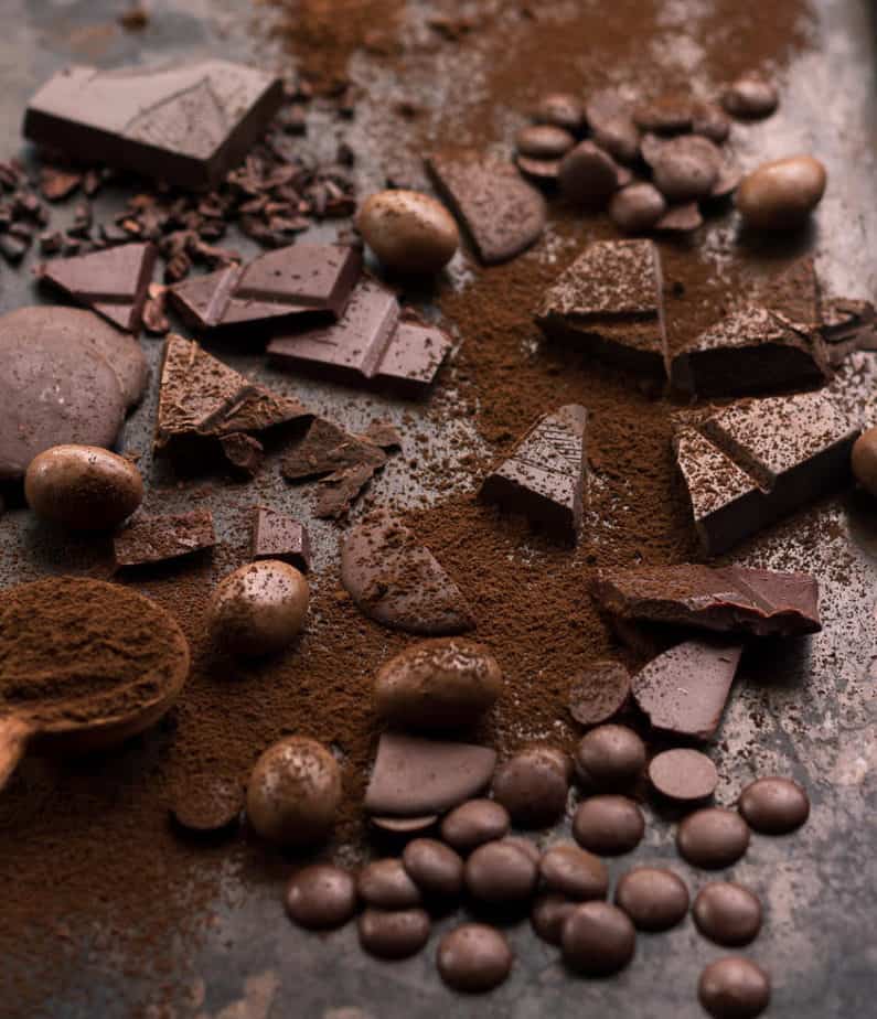 Different types of Chocolate, cocoa powder and cocoa nibs