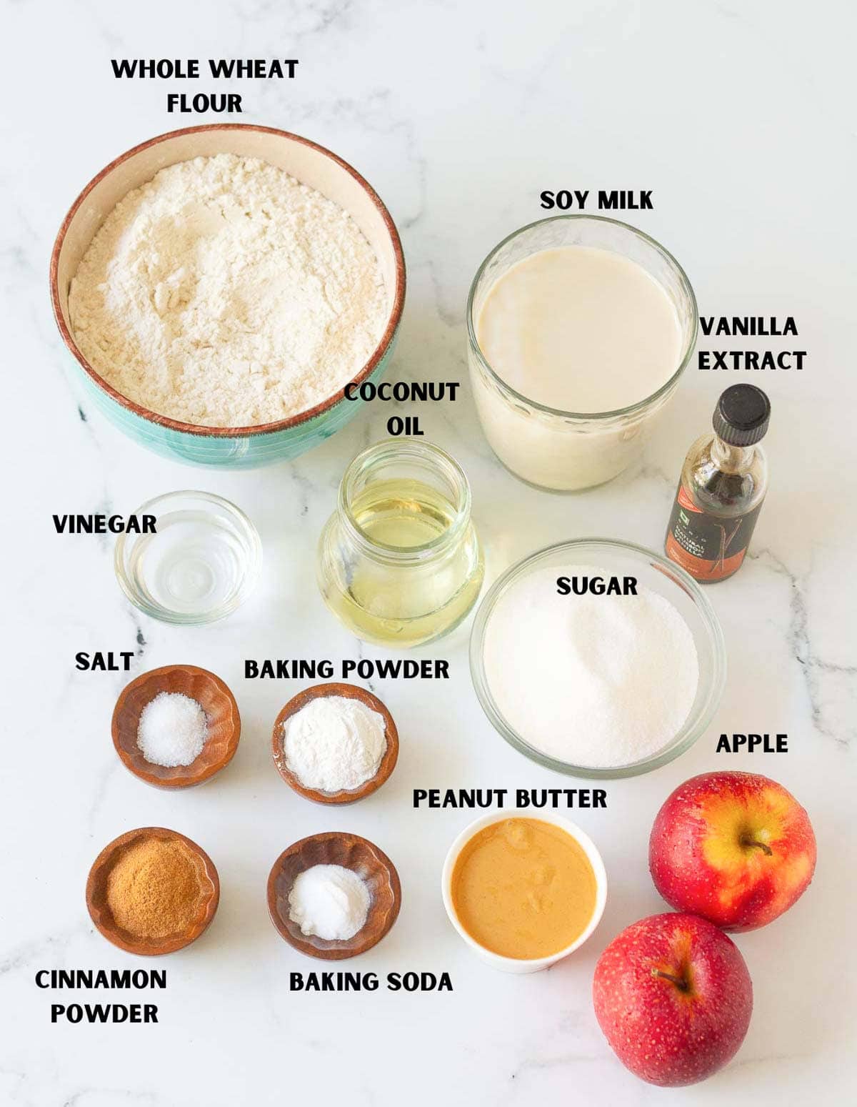 Ingredients for making peanut butter apple muffins.