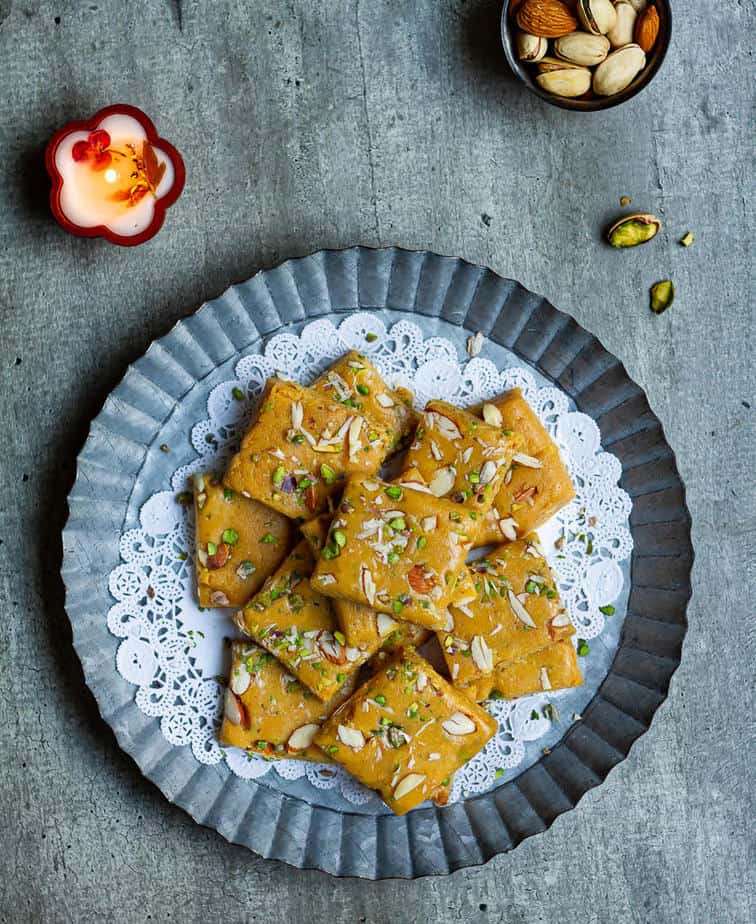 Besan Burfi with Condensed Milk on a serving platter.