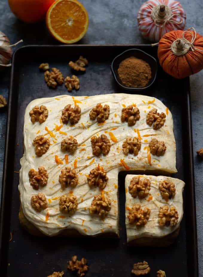 Pumpkin Sheet Cake | Easy Eggless One-Bowl Pumpkin Sheet Cake
