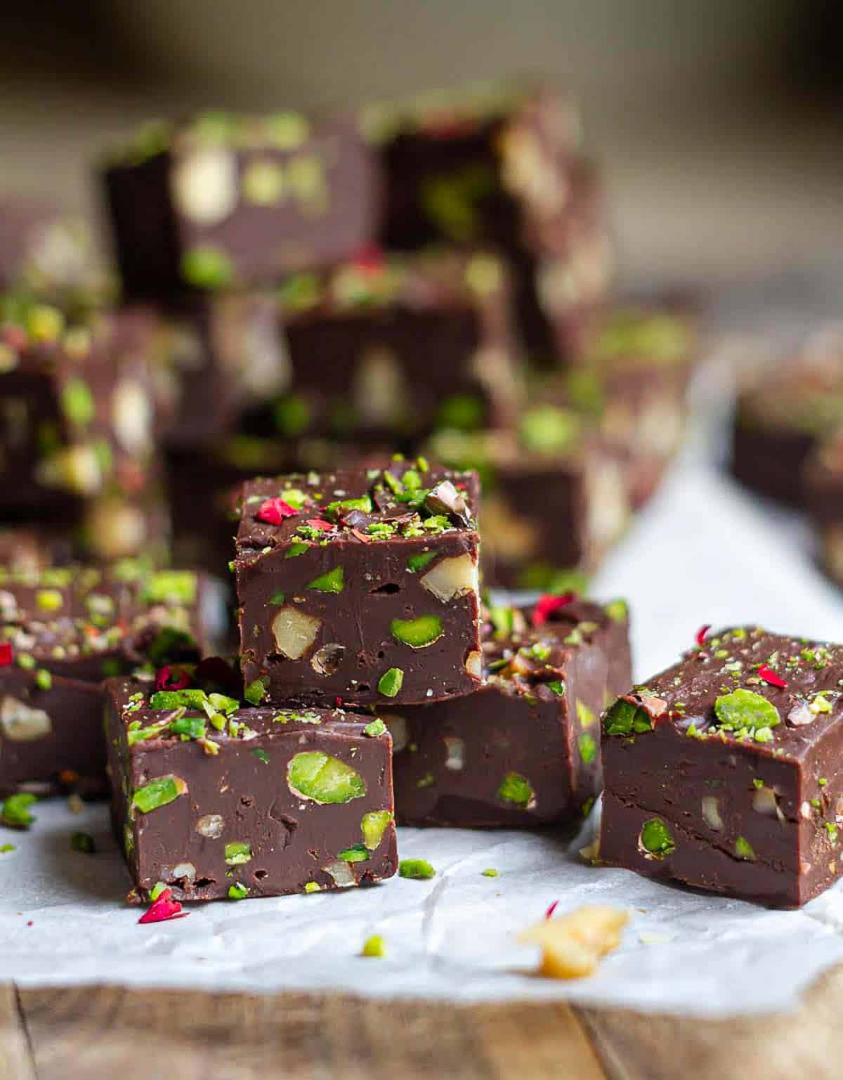 fudge squares on parchment paper.