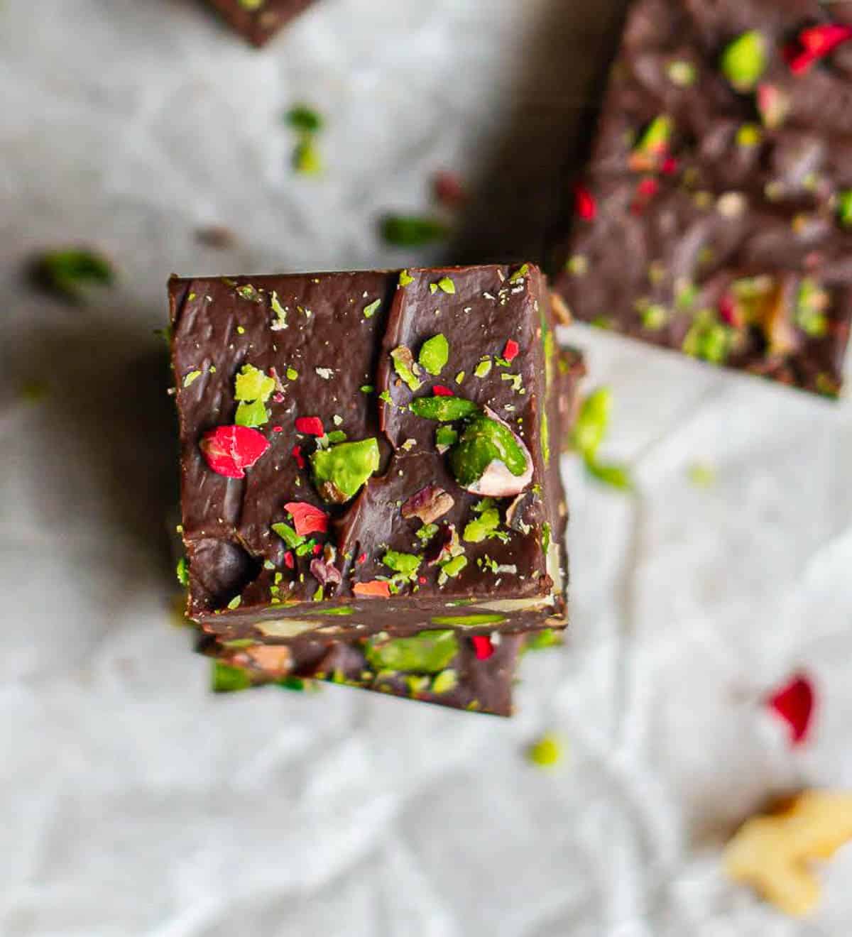 chocolate fudge pieces stacked on top of each other.