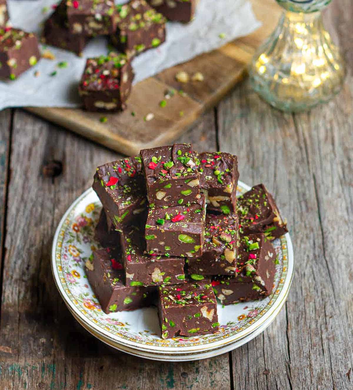 chocolate fudge pieces on a small plate.