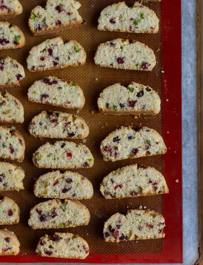 Bake the sliced log for Cranberry Pistachio Biscotti | Eggless Cranberry Pistachio Biscotti Recipe
