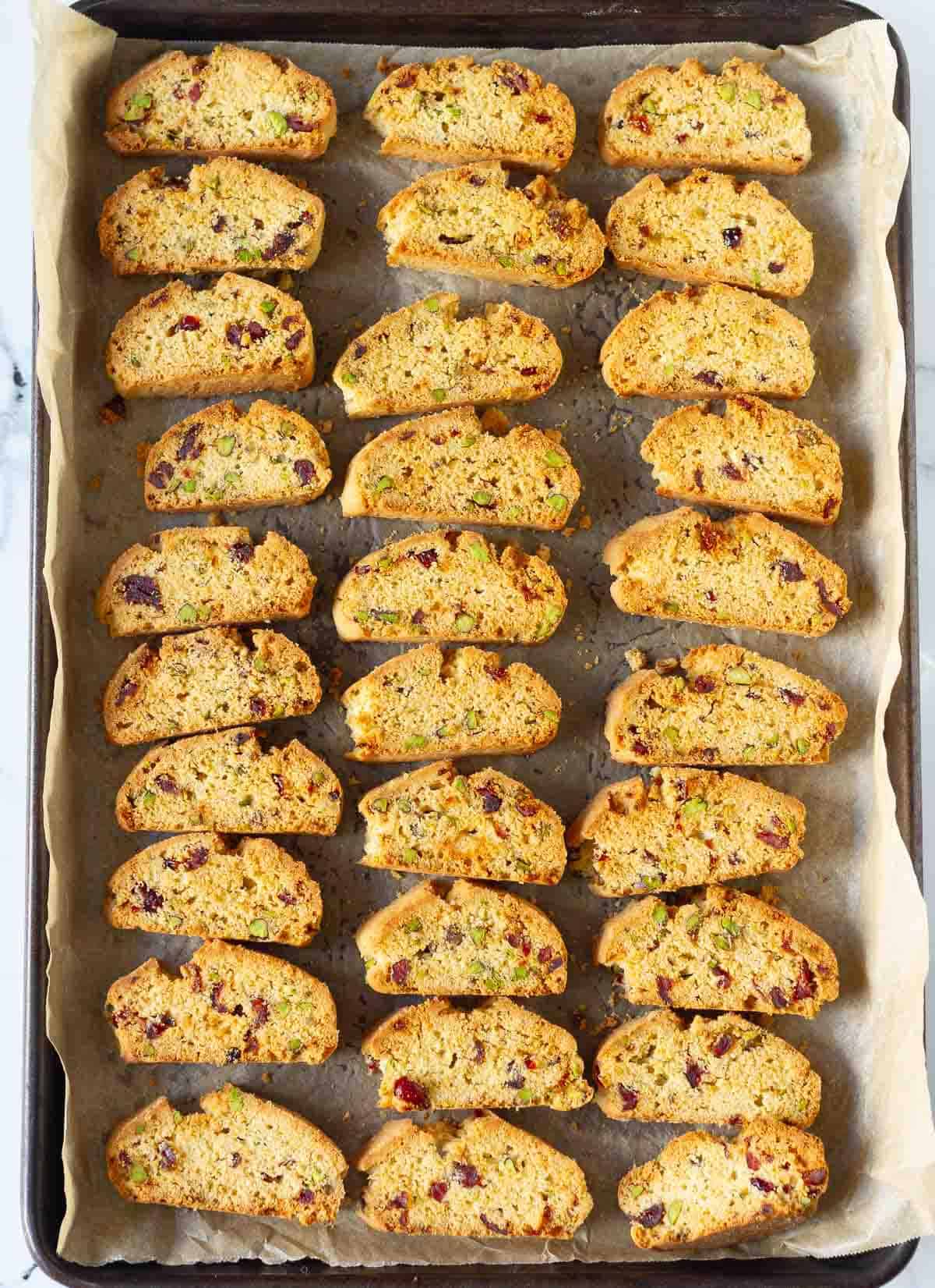 baked biscotti on a parchment-lined tray.