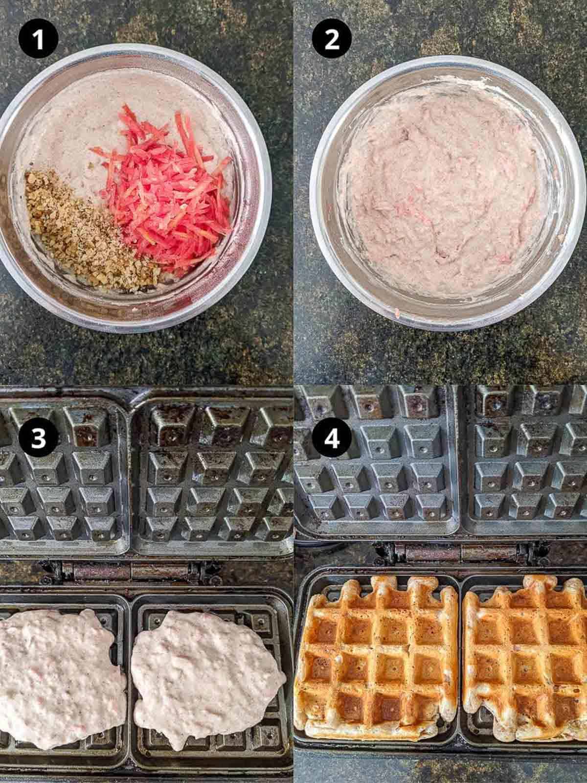 Steps for making carrot waffles.
