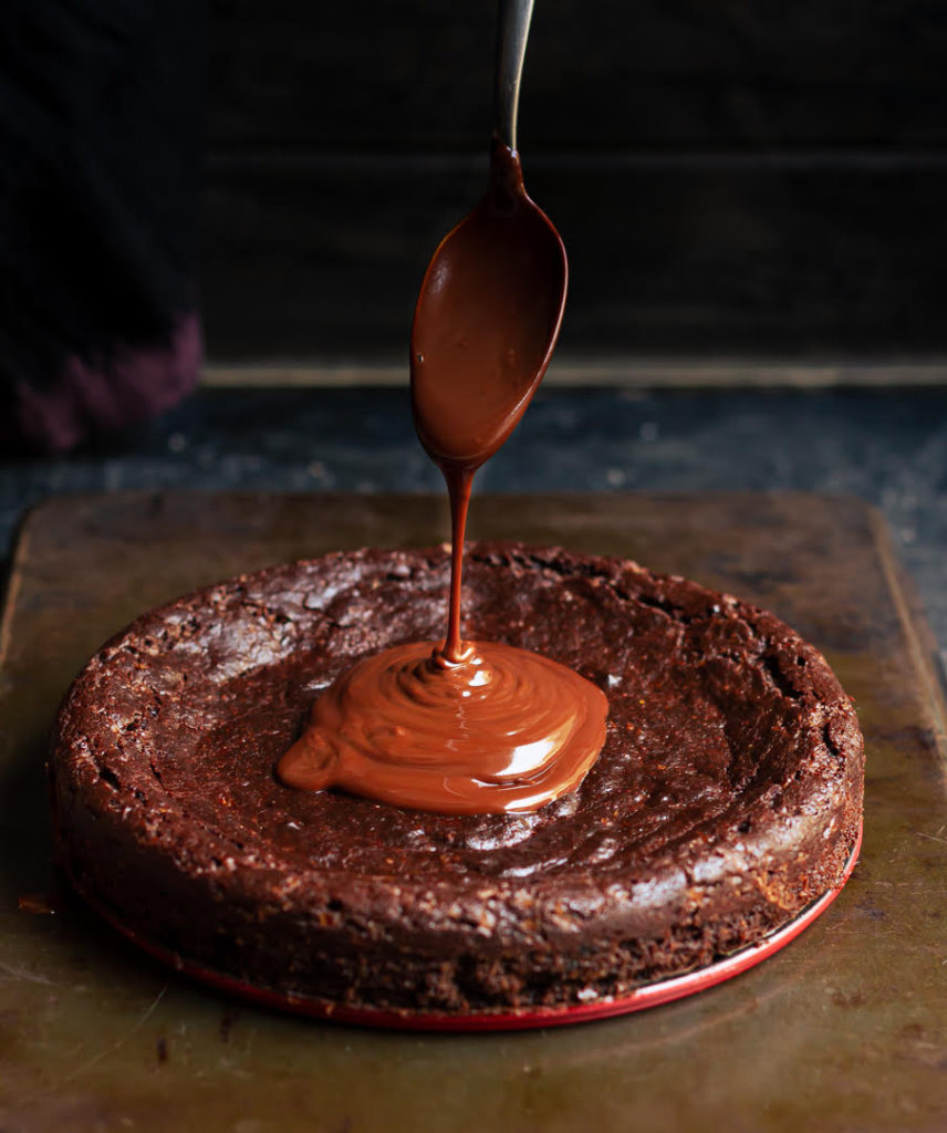 Pouring chocolate sauce on the Chocolate Chickpea Cake | Eggless Chocolate Cake with Chickpea Flour | Glutenfree Chocolate Cake with Chickpea Flour