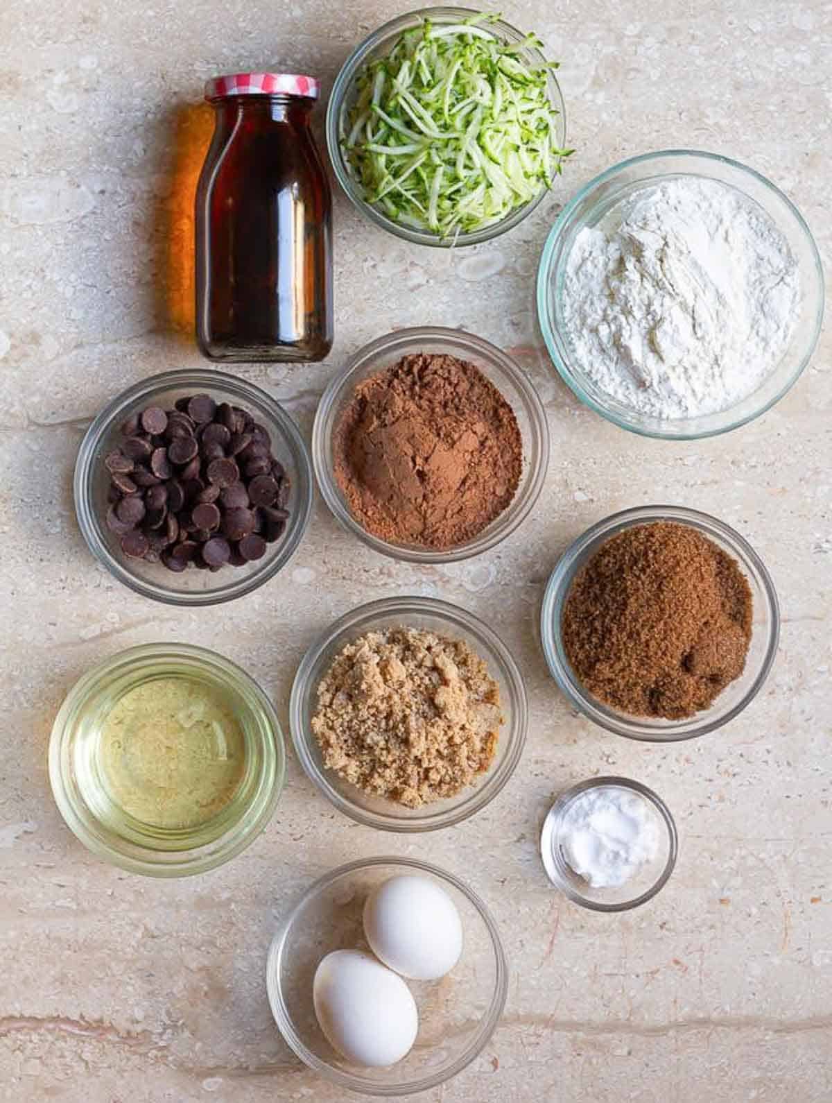 Ingredients for making chocolate zucchini cake.