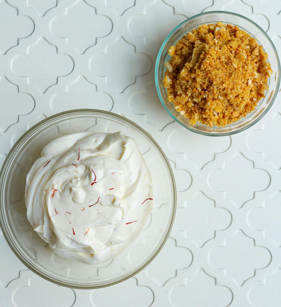 Cheesecake filling and cookie crumble for making No-Bake Saffron Cheesecake