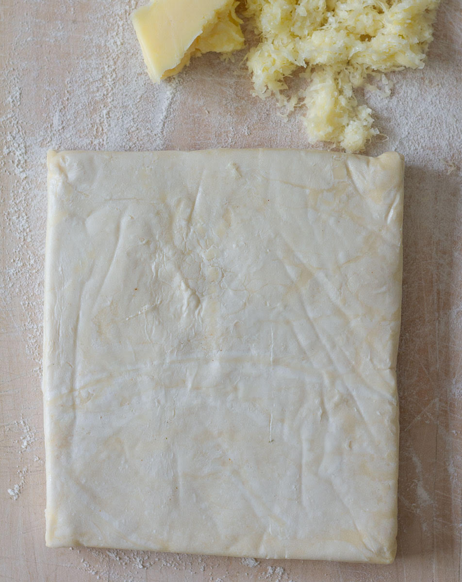 Ingredients for cheese straws- puff pastry & cheese