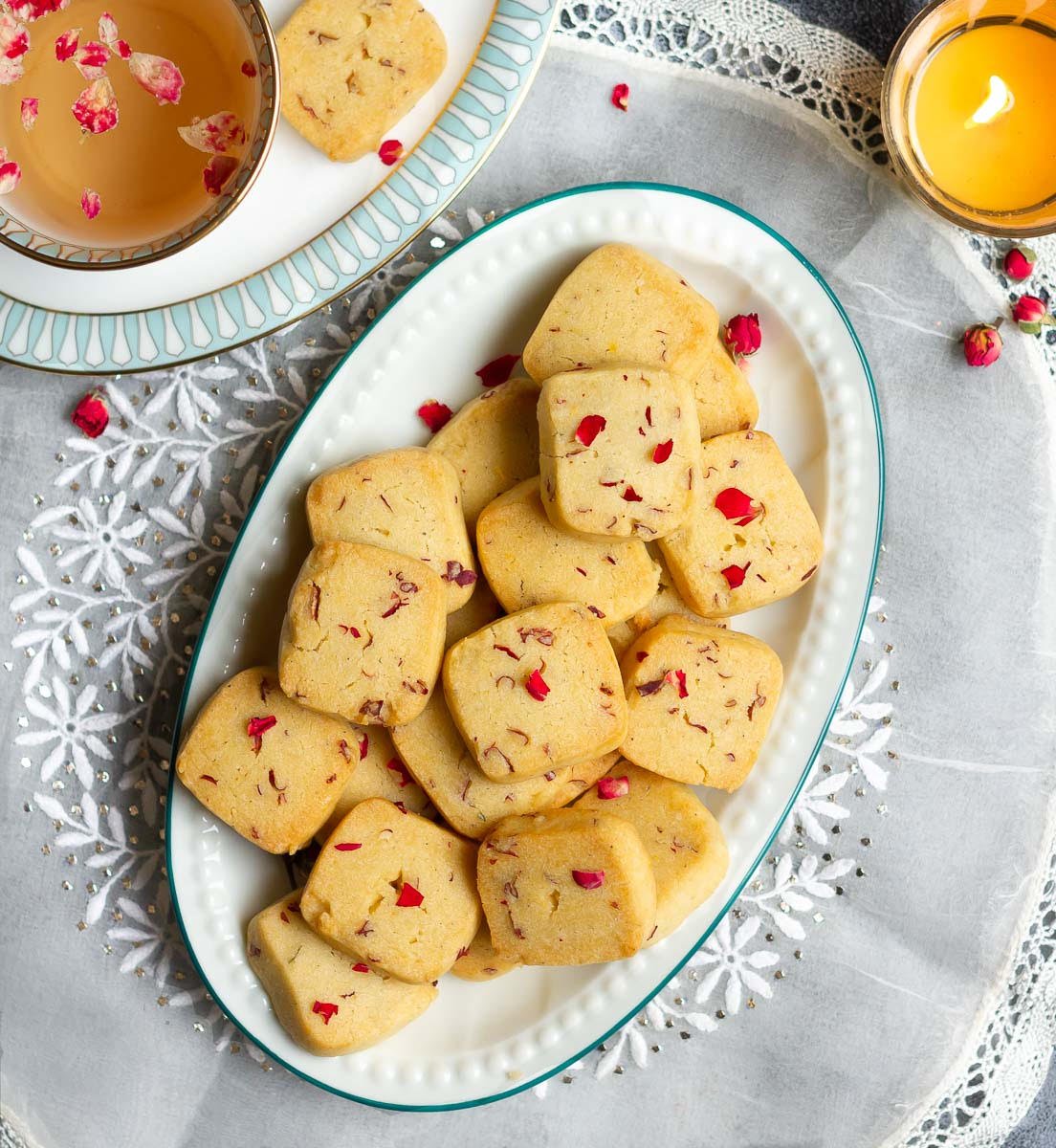 Eggless Rose Shortbread Cookies | Rosewater Shortbread Cookies