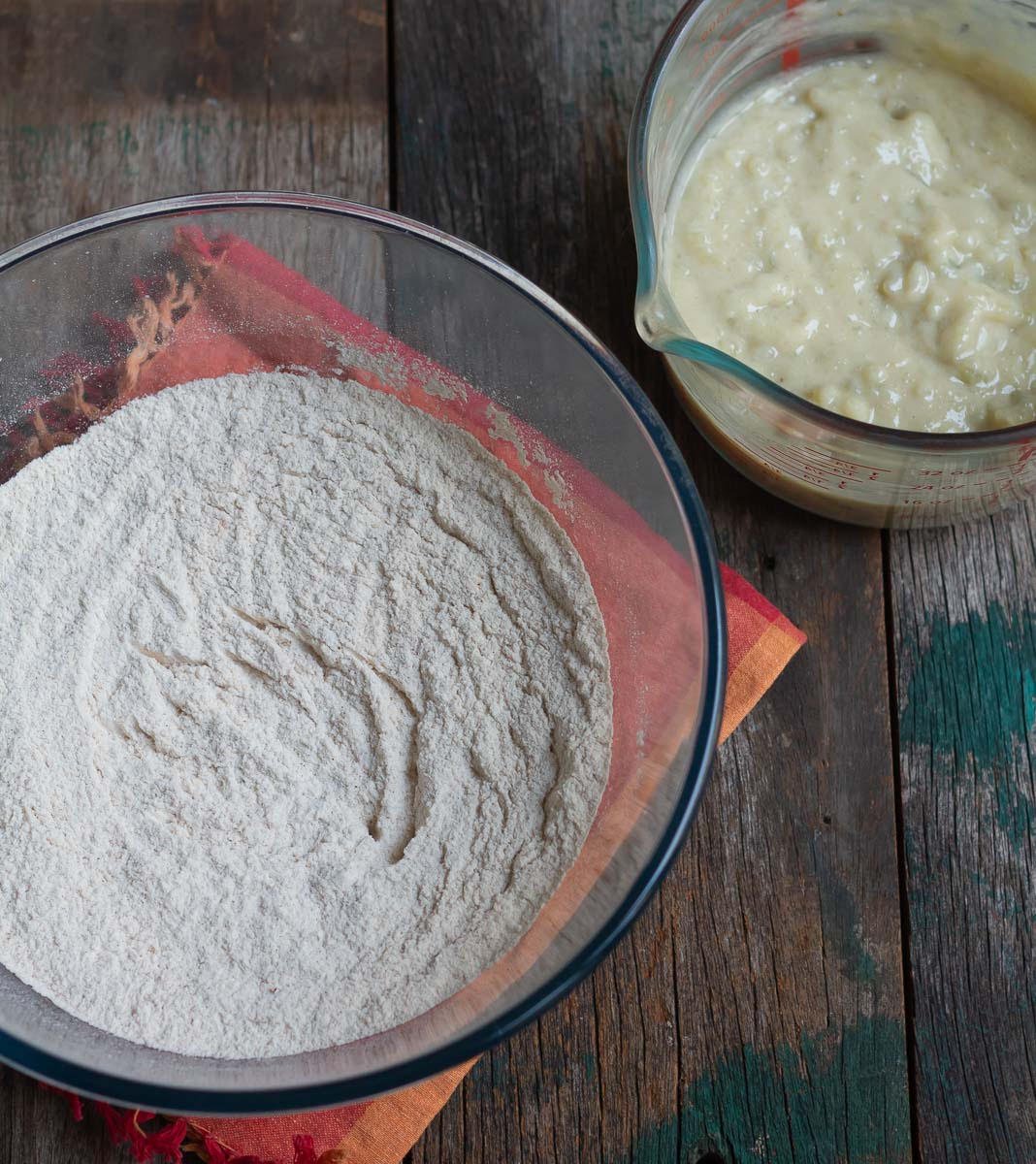 wet and dry ingredients for the sweet potato bread