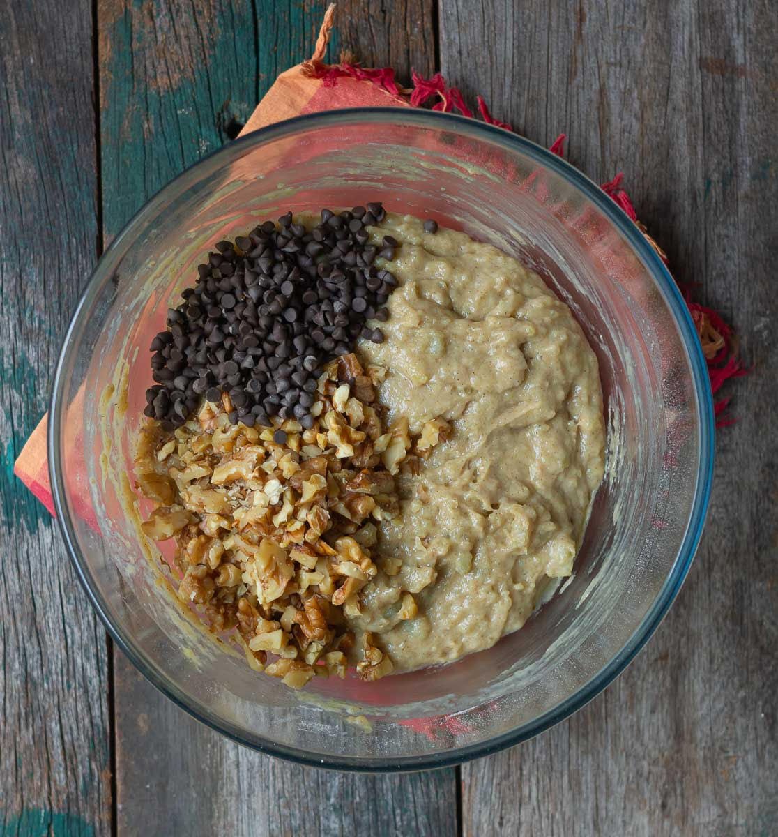 Fold in the walnuts and chocolate chips into the batter