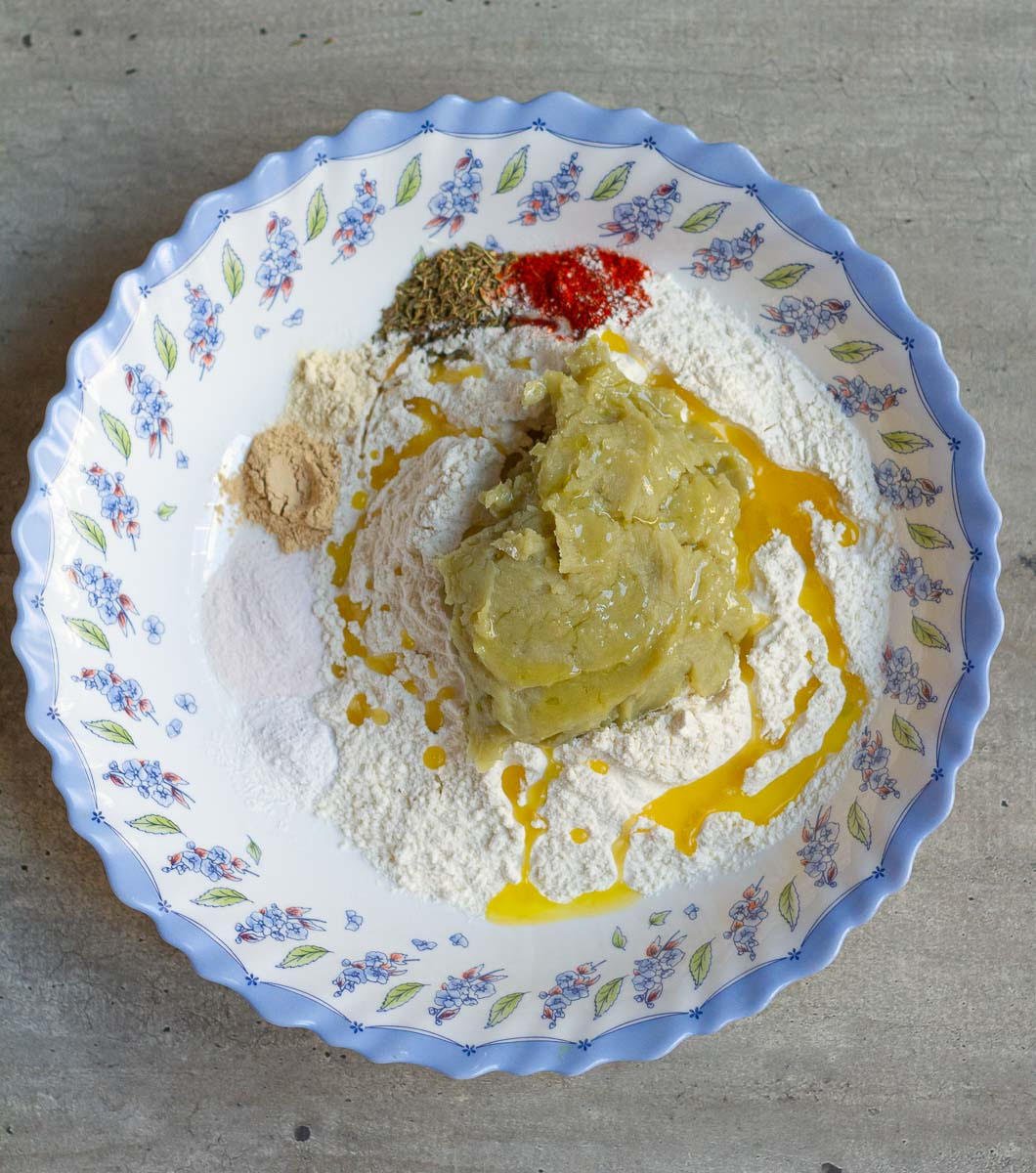 Add sweet potato puree and olive oil to the dry ingredients