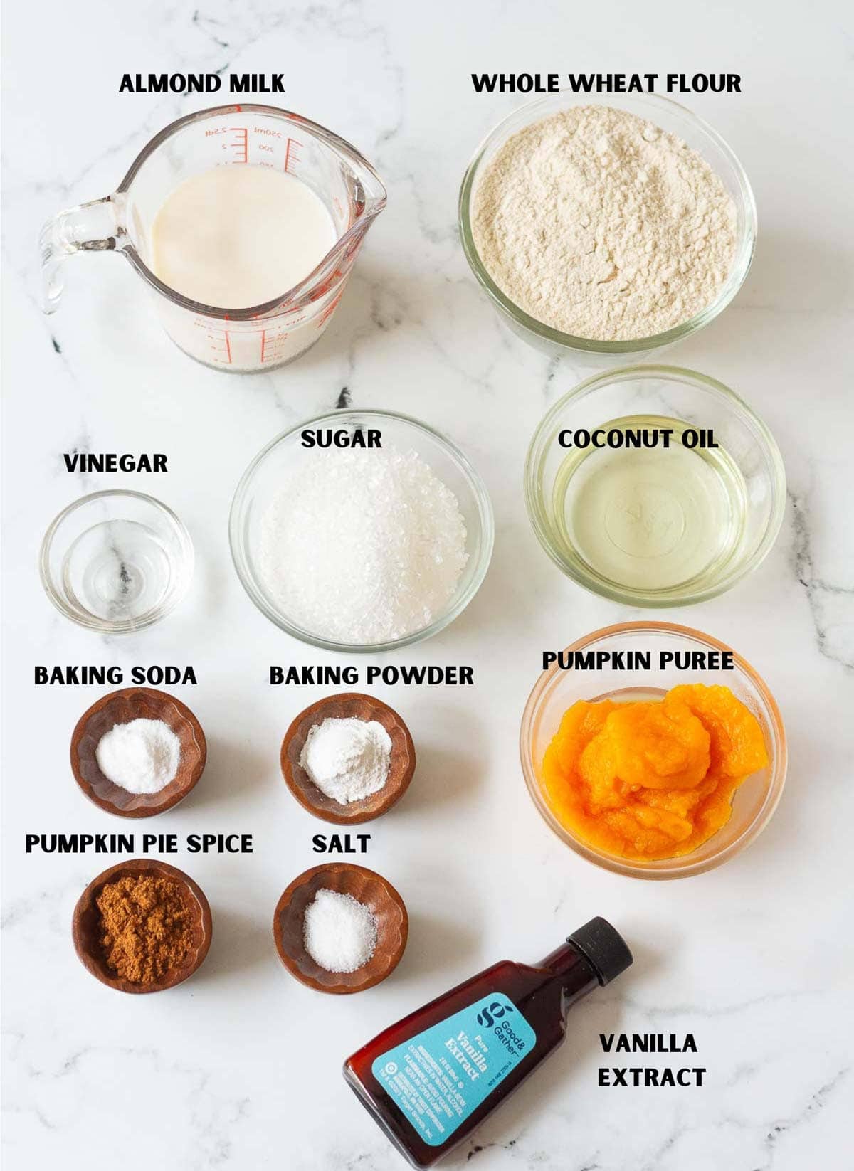 Labelled ingredients for making vegan pumpkin muffins.