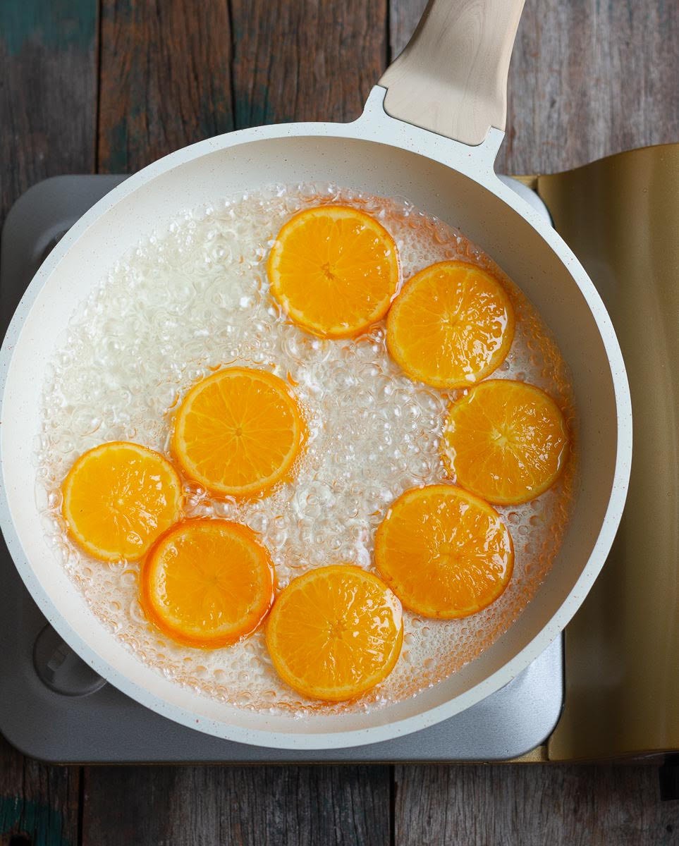 Cook the orange slices in sugar syrup