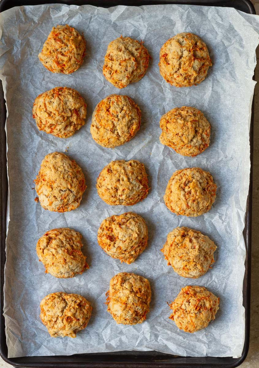 Baked carrot cookies on a baking tray