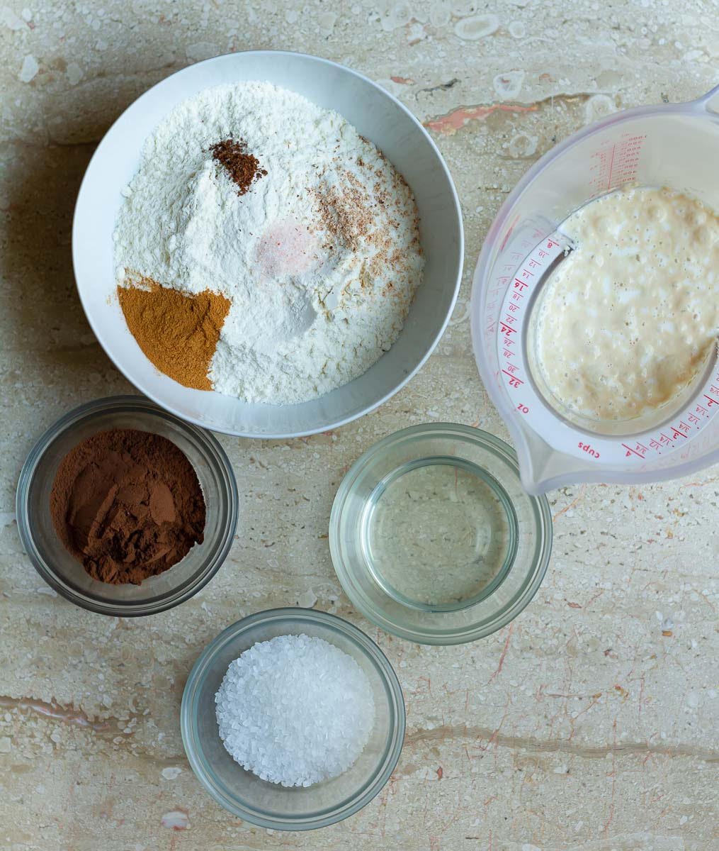 Ingredients for making chocolate hot cross buns