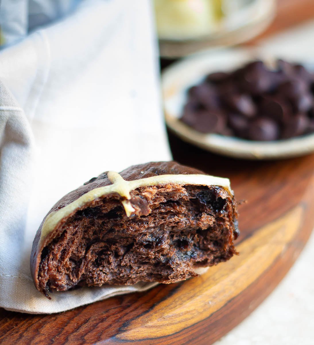 Cross section of chocolate hot cross bun