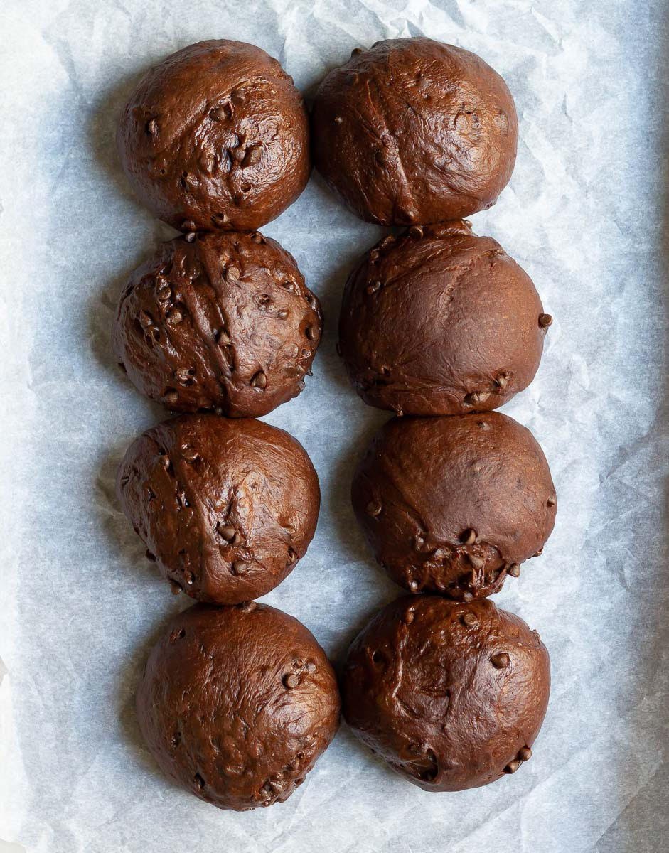 Chocolate dough balls after the second rise