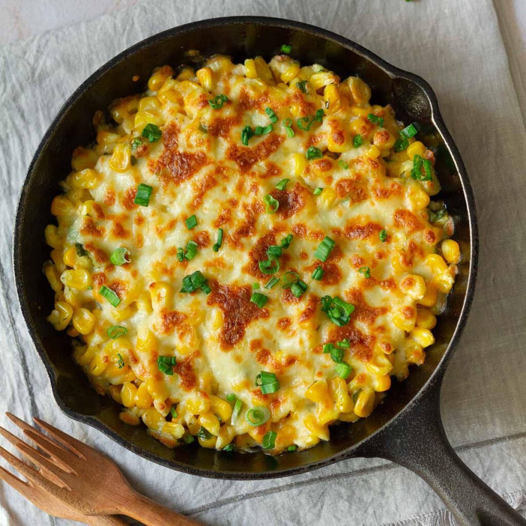 Korean Corn Cheese in a cast iron skillet.