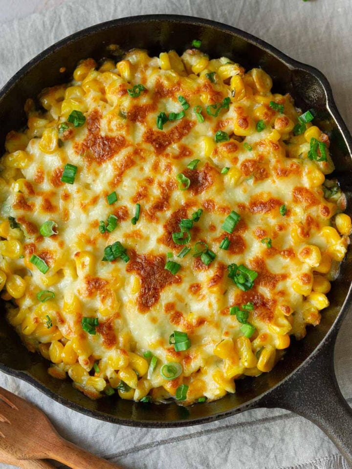 Korean Corn Cheese in a cast iron skillet.