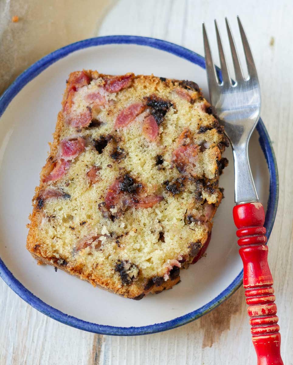 slice of  Cherry Chocolate Chip Cake on a plate