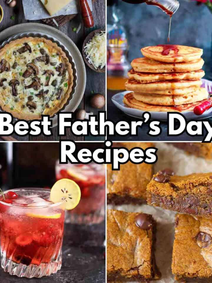 A picture collage of mushroom quiche, cherry gin & tonic, pancakes and blondies.