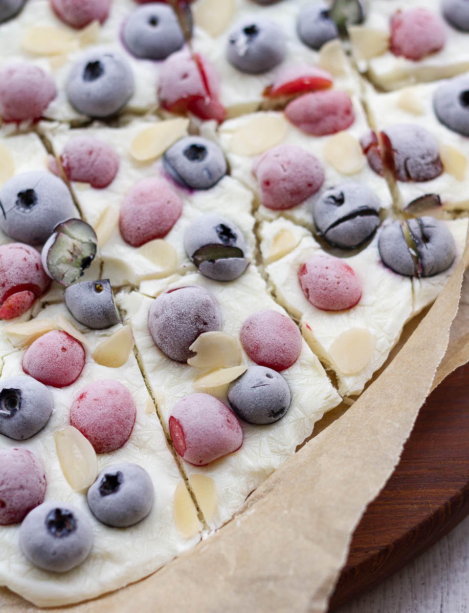 Frozen yogurt bark cut into pieces