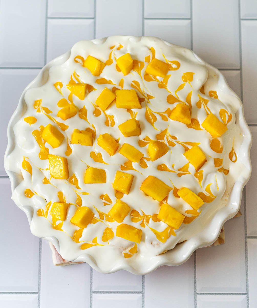 Topped with mango puree and chopped mangoes.