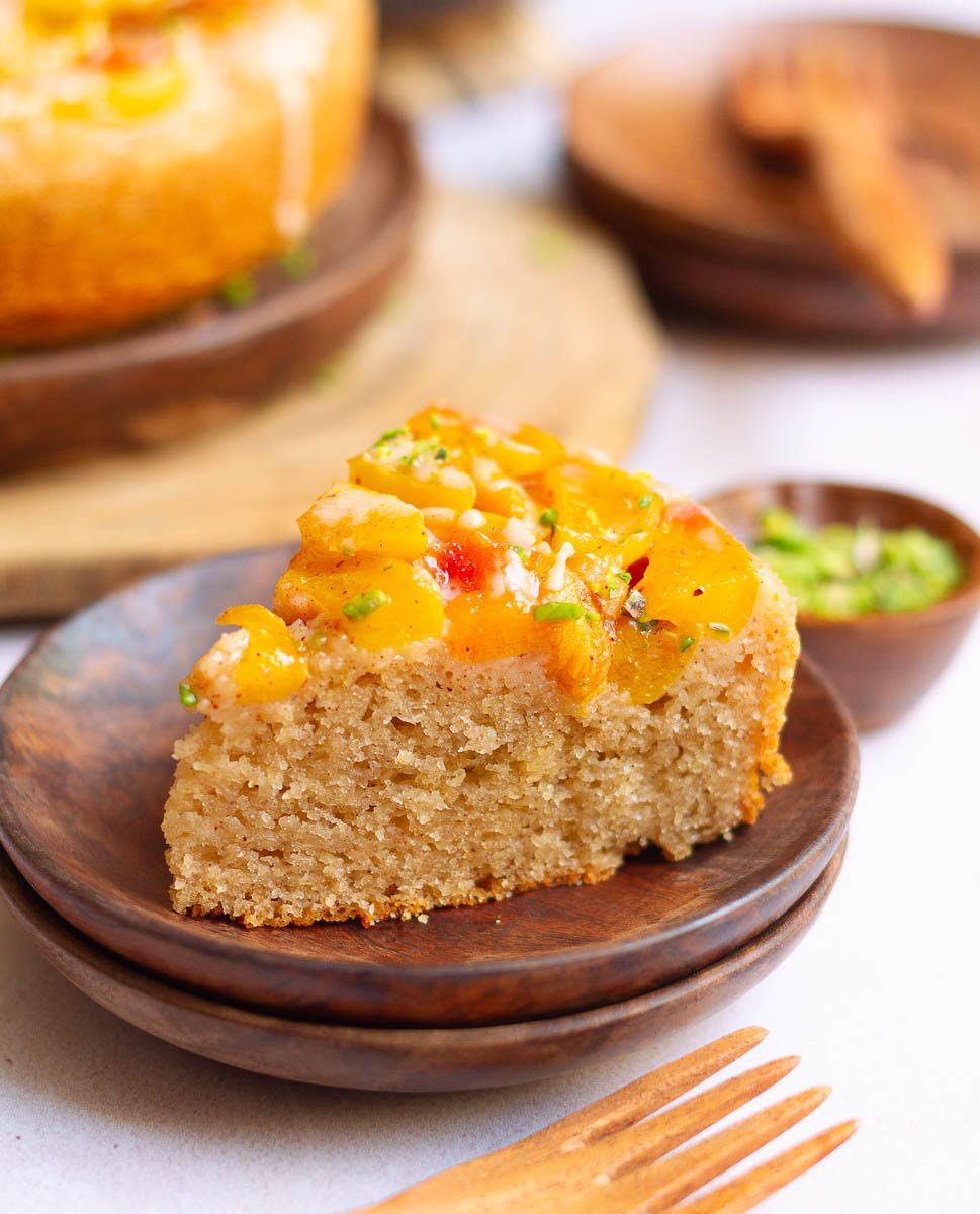 A slice of Peach Cobbler Cake