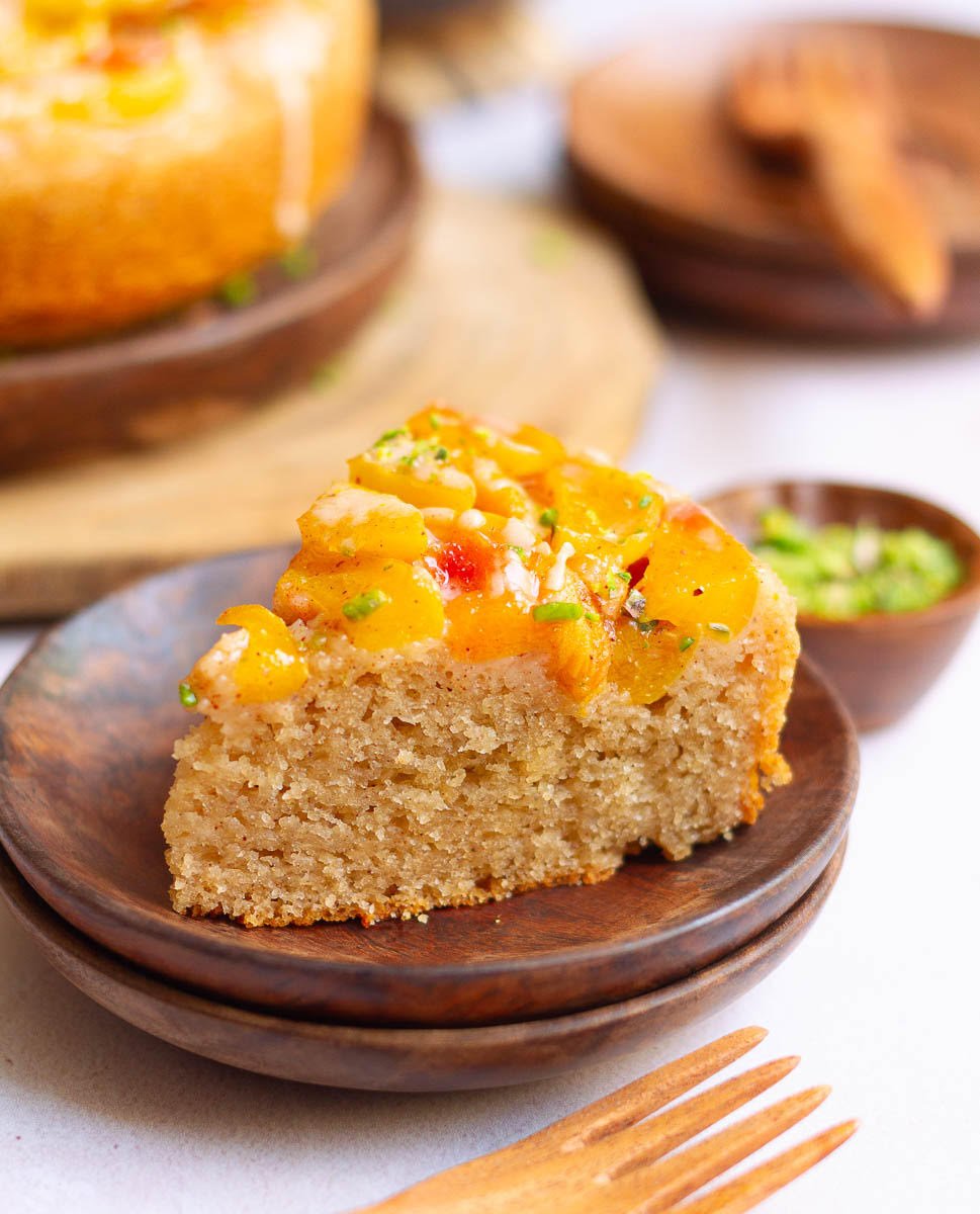 A slice of Peach Cobbler Cake 