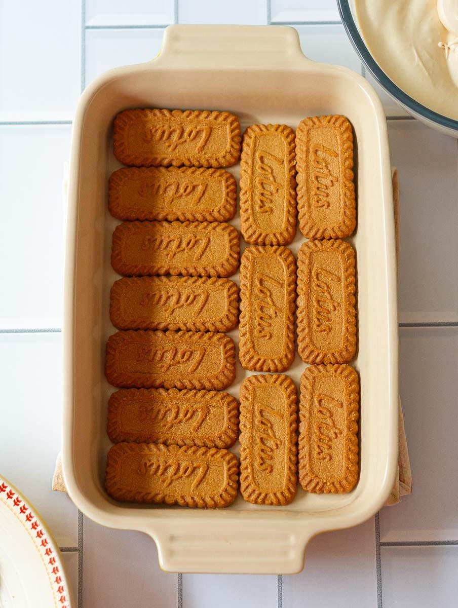 Layer of Lotus cookies in a dish