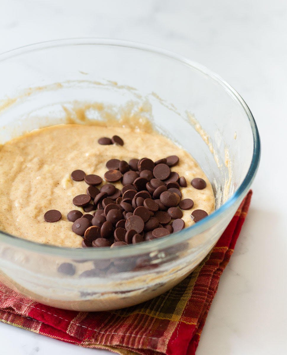 Fold  chocolate chips into the banana bread batter