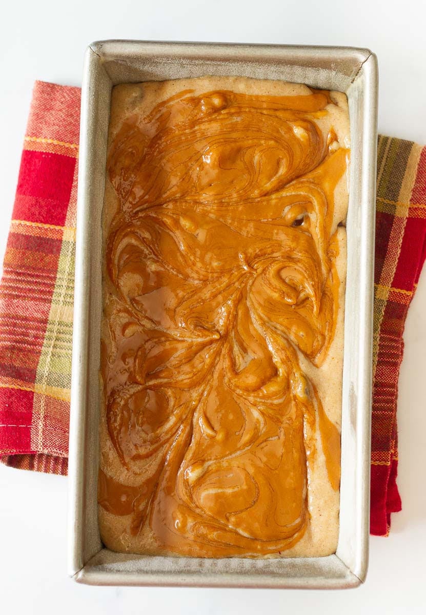 Biscoff banana bread in the loaf tin ready for baking