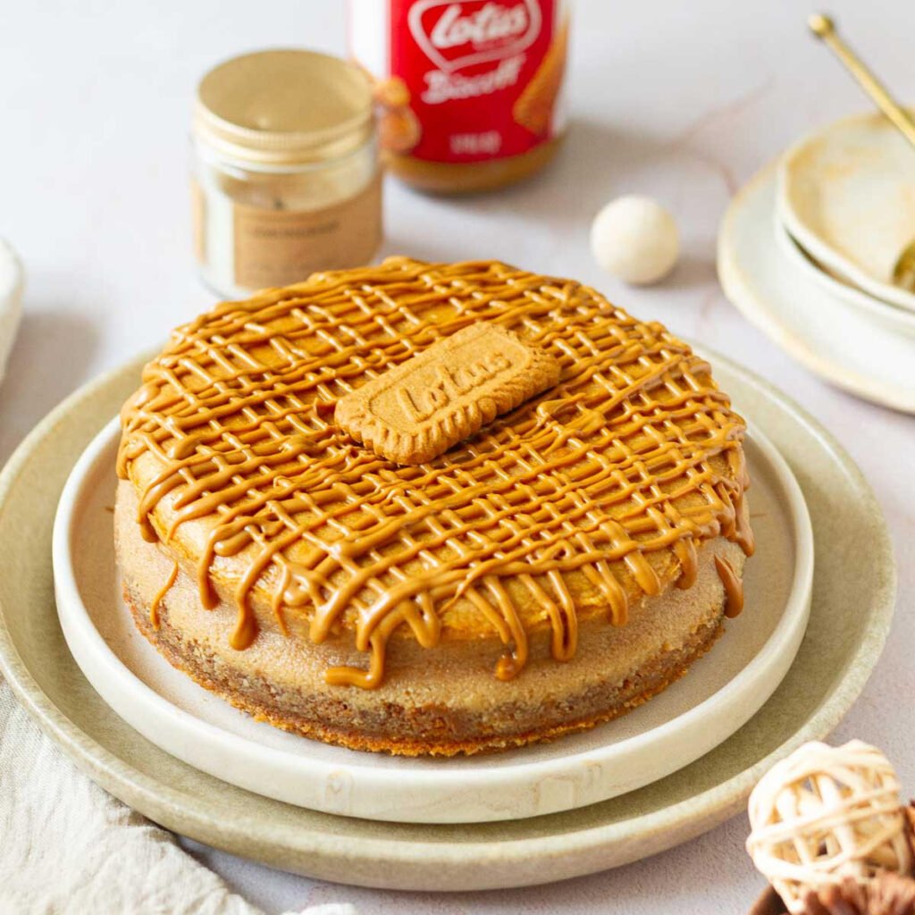 Biscoff cheesecake on a serving platter.
