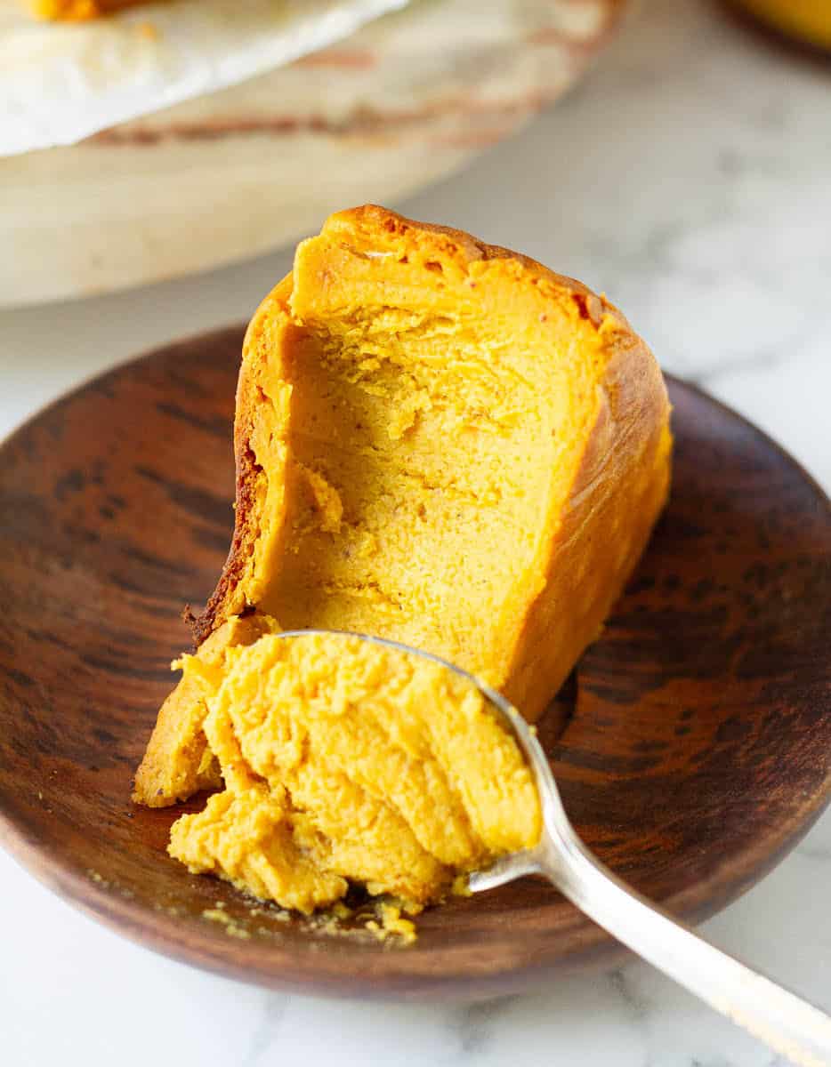 Slice of pumpkin basque cheesecake