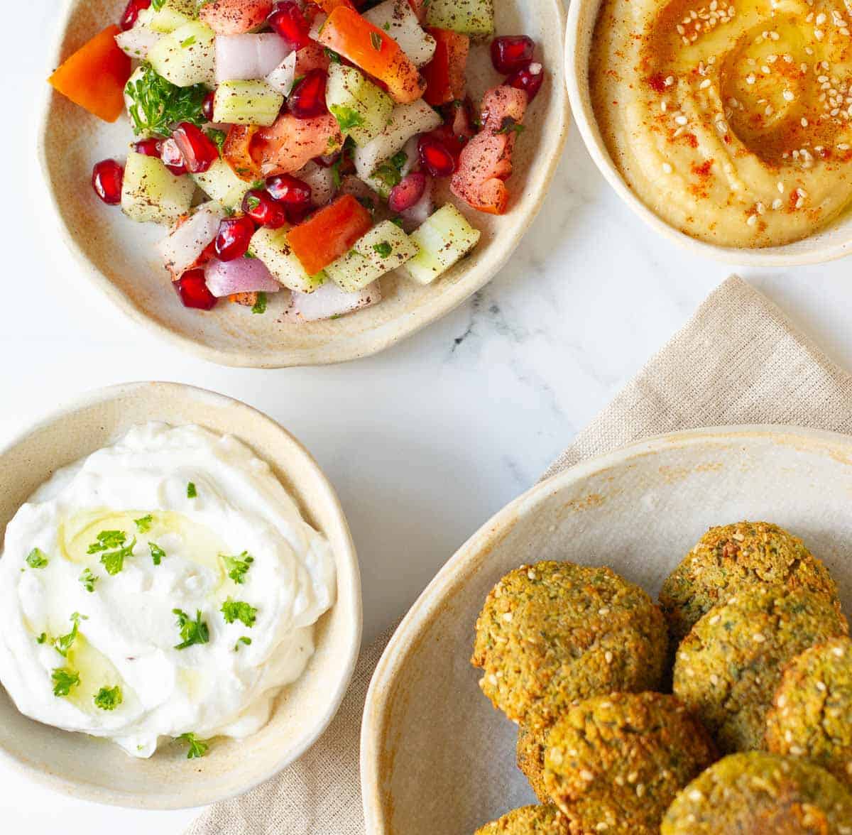 dips and salads to serve the falafels