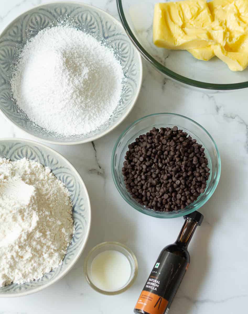 ingredients for making chocolate chip shortbread cookies