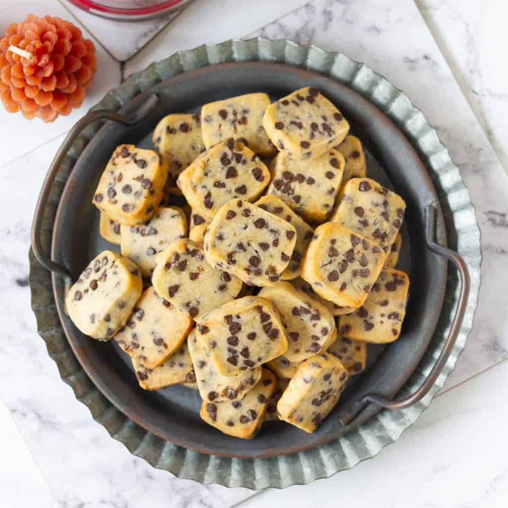 Chocolate chip cookies on a platter.