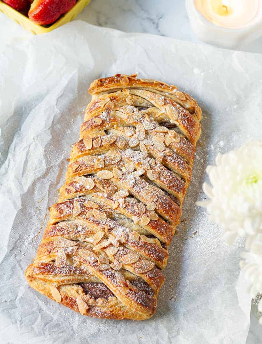 Easy Chocolate Puff Pastry Braid with icing sugar