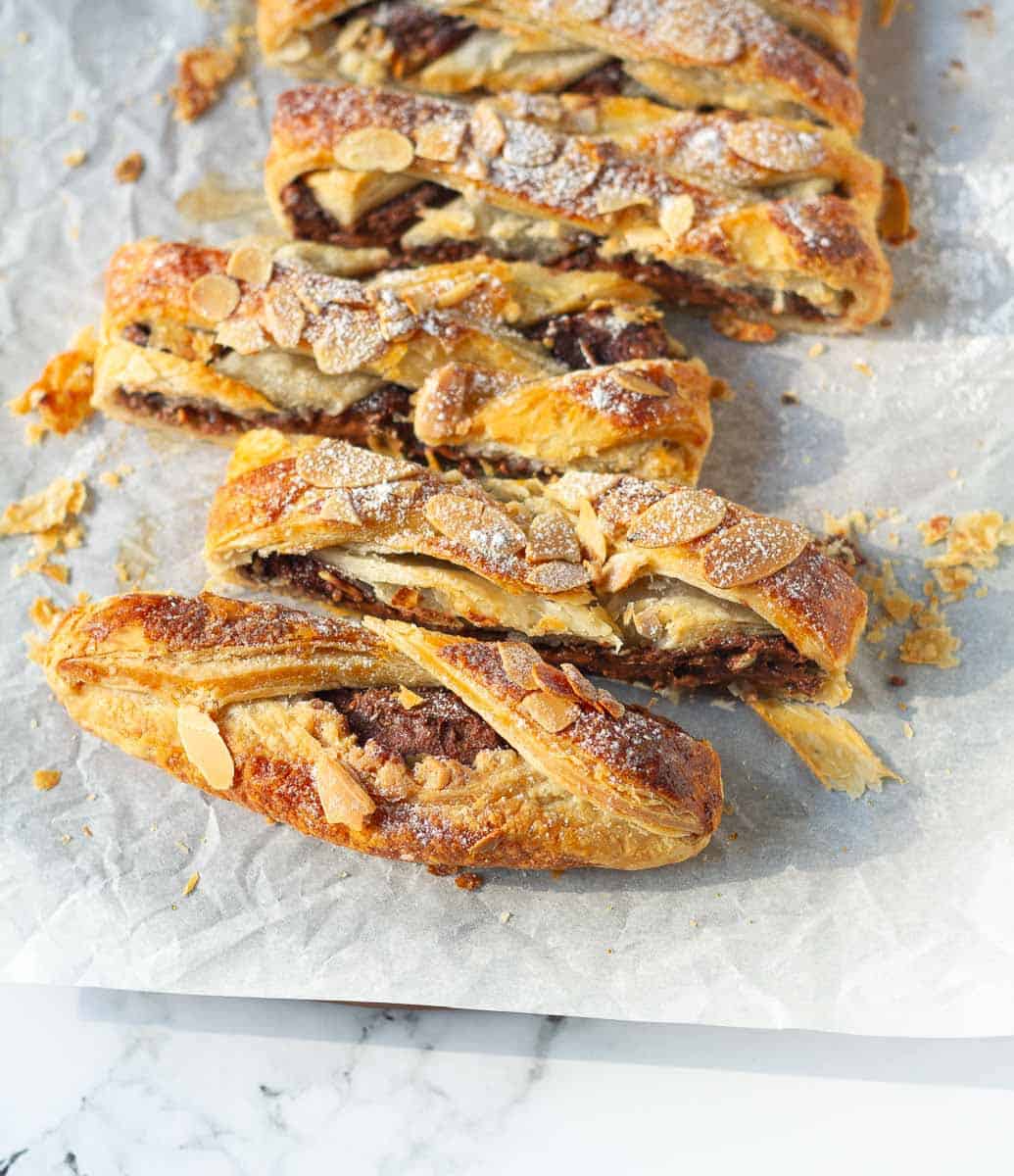 Slices of chocolate puff pastry braid