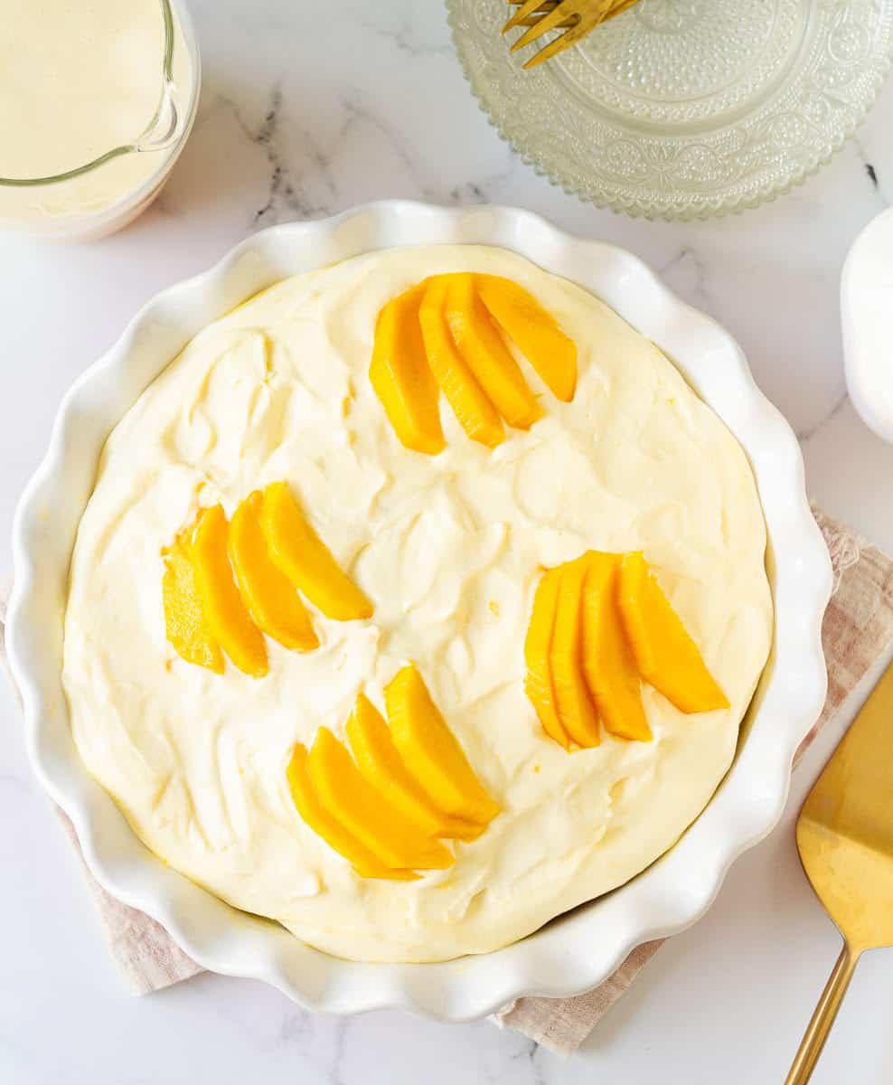 Mango Tres Leches Cake in a serving dish.