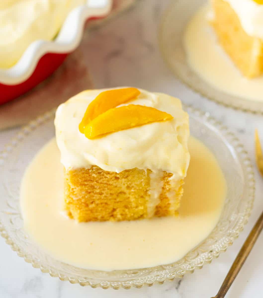 A slice of tres leches soaked in milk syrup on a small plate.