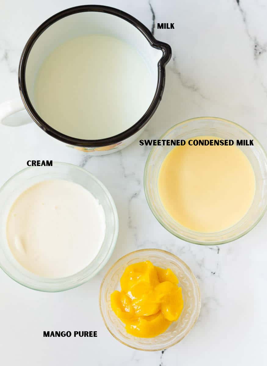 Ingredients for Mango Tres Leches 3 milk mixture.